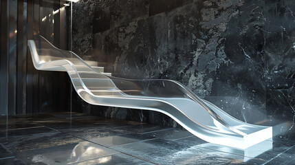 A futuristic handrail made of acrylic, giving the illusion of floating along a staircase.