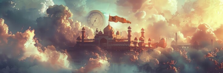 an indian flag in the clouds, with a clock spinning
