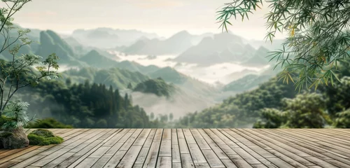 Fotobehang bamboo floor overlooking mountain scenery © olegganko