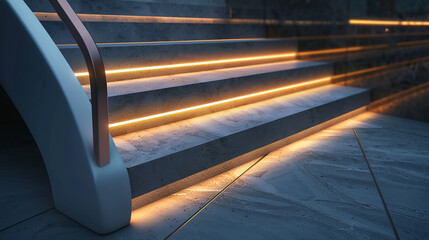 A futuristic handrail with integrated smart lighting, illuminating the way on a staircase.