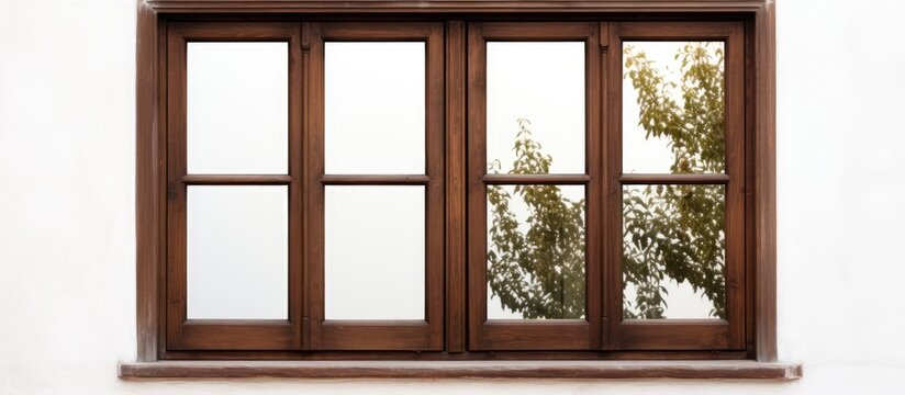 A tree is reflected in a window that is set against a white wall. The image shows the trees branches and leaves mirrored in the glass, creating a unique visual effect.