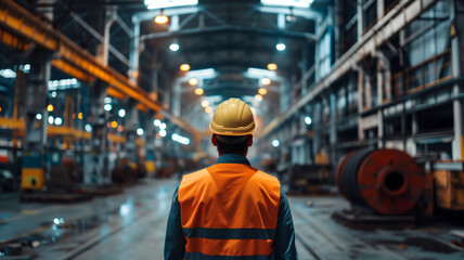 Worker in a reflective vest and helmet in a factory representing industry, safety, manufacturing, and engineering.