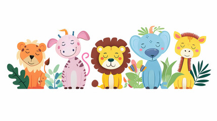 Obraz premium Adventurous Animal Friends: Cute and Colorful Characters for Kids' Games. Icon Concept Isolated Premium Vector.