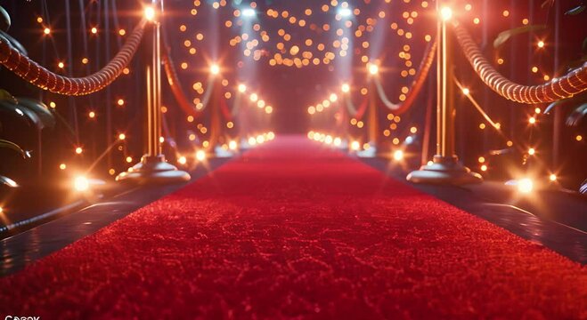 Red carpet and rope divider with lights. Awards ceremony background.  