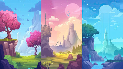 Fantasy Kingdom Backgrounds: Colorful and Magical Environments for Adventure Games. Icon Concept Isolated Premium Vector.