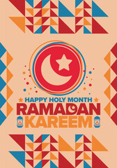 Obraz premium Ramadan Kareem. Happy Holy Month. Crescent, moon, star and lantern. Arabian holiday. Flat style. Greeting card. Creative art. Vector illustration