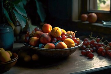 Still Life Peaches and Grapes Painting of Fruit Bowl on Table