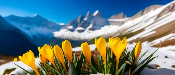 Poster Spring banner yellow crocus flowers in mountains snowdrops early spring copy space march april botany plants fresh travel vacation valley © lidianureeva