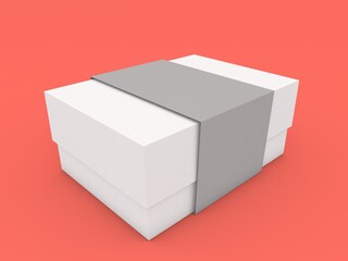 Packaging paper box with ribbon, mockup on red background. 3d render illustration.