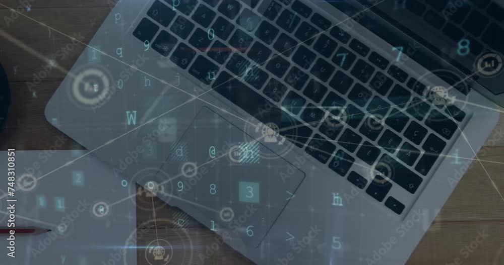 Poster animation of malware detected text with network and data processing over laptop on desk