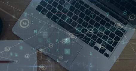 Animation of malware detected text with network and data processing over laptop on desk - Powered by Adobe