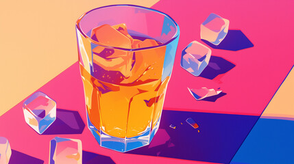 Iced Beverage with Scattered Ice on Pink and Blue Background