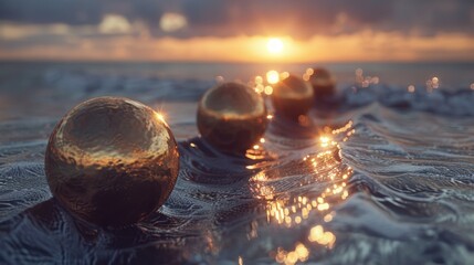 Golden Spheres Caught in Dramatic Light and Shadows with Multiple Perspectives of a Tumbling Wave Generative AI