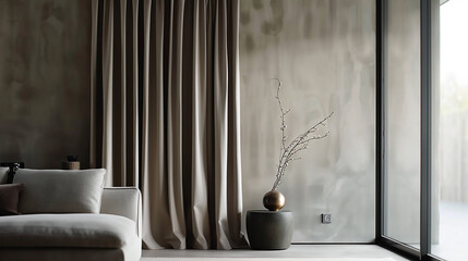 A modern, sleek curtain rail with a brushed metal finish, installed in a minimalist living room.