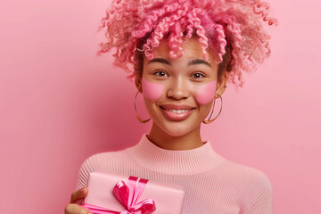 Portrait of a happy charismatic African American woman holding a gift box on a pink background. Holidays, celebrations and a feminine concept.