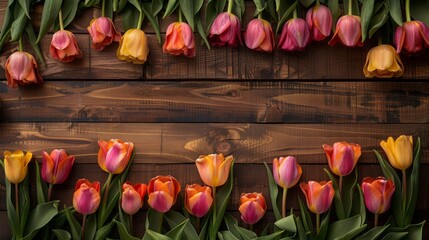 Vibrant Tulips Adorning Rustic Wooden Frame Generative AI
