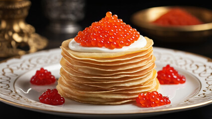 Thin pancakes with red caviar, traditional Russian food. Maslenitsa.