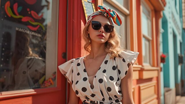 A retroinspired look featuring a babydoll mini dress with a bold polka dot print and a matching headband perfect for a day trip to a quaint small town.