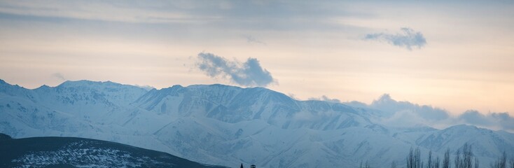 Winter evening mountains panorama, Bishkek, Kyrgyzstan