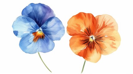 a couple of flowers that are in the middle of a white background and a blue and orange flower in the middle of the picture.