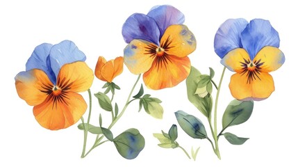 a painting of three blue and yellow pansies with green leaves on the bottom and bottom of the pansies.