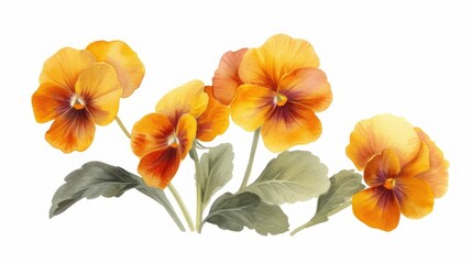 a group of orange flowers with green leaves on a white background with a watercolor painting effect of orange flowers with green leaves on a white background.