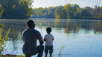 Quality Time: Single Black Father and Child Fishing by the Lake
