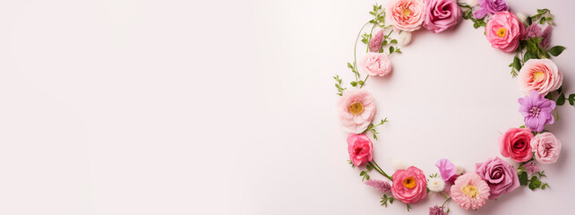 Spring soft pink flowers on a white background, top view. Flat lay with flowers, copy space for text. Minimalistic composition of different flowers for banners or cards
