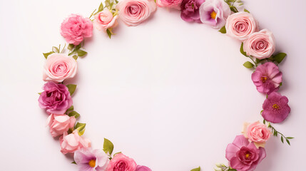 Spring soft pink flowers on a white background, top view. Flat lay with flowers, copy space for text. Minimalistic composition of different flowers for banners or cards
