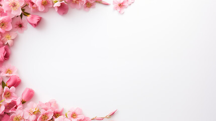 Fototapeta na wymiar Spring soft pink flowers on a white background, top view. Flat lay with flowers, copy space for text. Minimalistic composition of different flowers for banners or cards