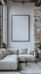 capture of a uniquely designed modern apartment interior focused on a large all-white canvas framed in a very thin black frame placed on a blank white wall 