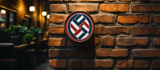 Rotating barber pole mounted on a brick wall