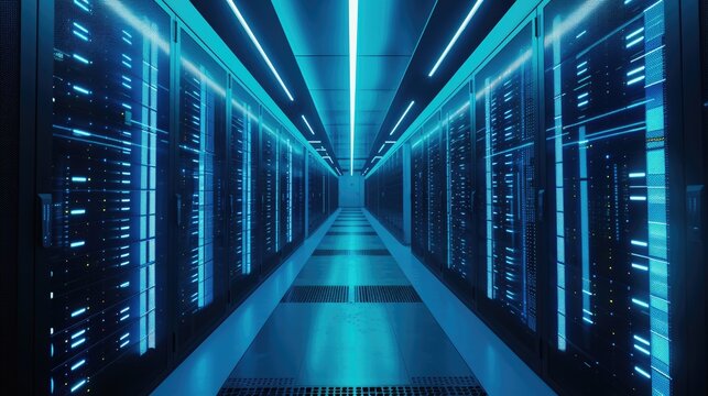 A parallel row of servers, adorned in electric blue, fills a technology-driven data center hallway with a symmetrical display of power and Azure technology. AIG41
