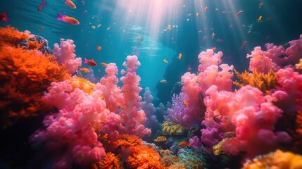 An underwater view of a vibrant coral reef teeming with colorful corals