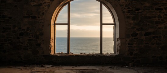 Fototapeta na wymiar An arched window in an old lighthouse frames a view of the vast ocean, with waves crashing against the shore under a clear sky. The scene captures the beauty and power of the sea.