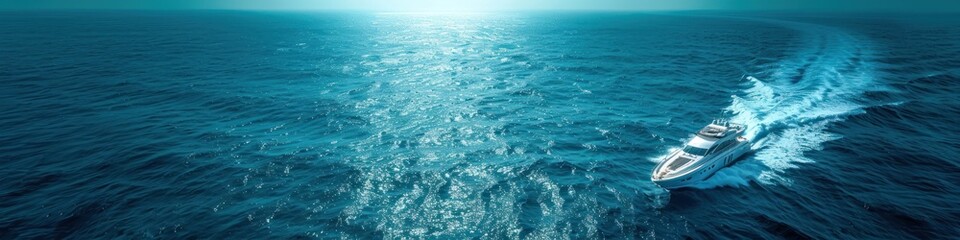 A boat sails in the vast expanse of the ocean, surrounded only by water - obrazy, fototapety, plakaty