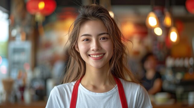 Cheerful woman wearing red apron smiles at camera