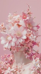 Women's Day poster, a torso representing women covered with flowers, pink, warm, clean background, oc rendering --ar 9:16