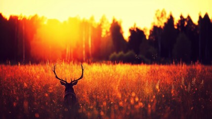 a deer in a field of tall grass with the sun setting in the background and trees in the foreground.