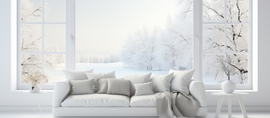 A modern living room featuring a white couch against a neutral backdrop, with a large window showcasing a winter landscape. The room follows a Scandinavian interior design aesthetic,