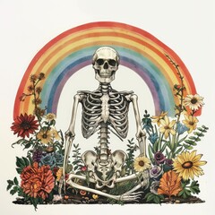 a teacher rainbow but with the vintage flowers and skeletons as a decoration, white background --ar 1:1 