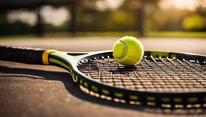 Closeup of a Tennis racket and ball in the tennis court floor ready for sports recreation competition activity  - obrazy, fototapety, plakaty