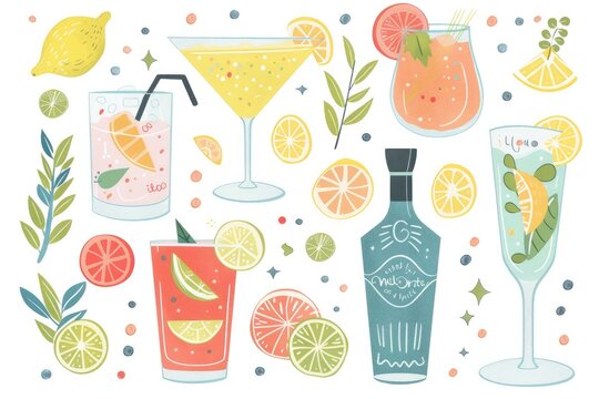 whimsical cute cocktails clipart product hero image with other elements like a martini, mojito, cocktail shaker, and lemon slices. In the style of energy-filled