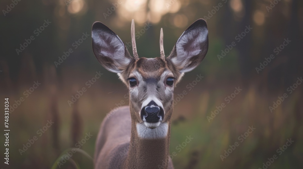 Wall mural a close up of a deer's face in a field of tall grass with trees in the back ground.