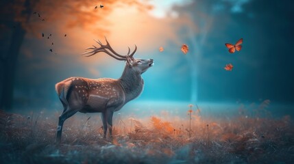 a deer standing in the middle of a forest with a butterfly flying above it and a butterfly flying above it.