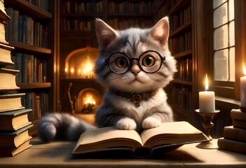 A smart cat with glasses reads a book in the evening in the library, a quiet evening by candlelight. - obrazy, fototapety, plakaty