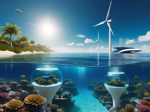 Futuristic eco-friendly city on the water with renewable energy sources. Generative AI