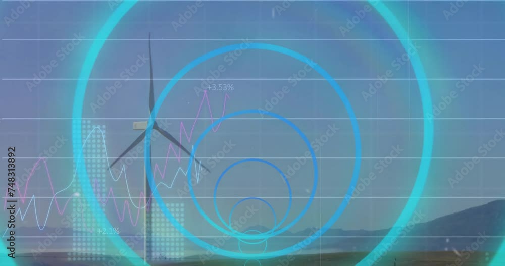 Poster animation of financial data processing and scope scanning over wind turbines