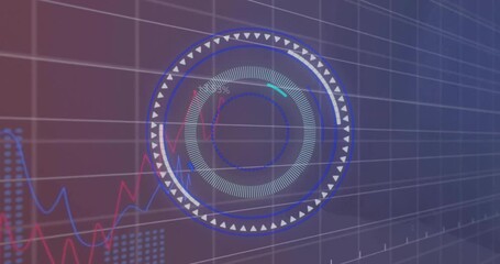Animation of financial data processing and scope scanning over grid background - Powered by Adobe