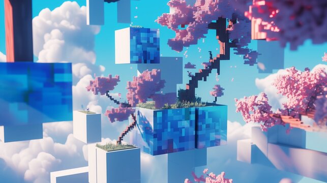 Serene pixel art cloudscape with floating cherry blossoms